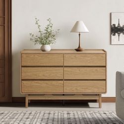 LuxenHome Summer Oak Engineered Wood 47.2-Inch Wide 6-Drawer Horizontal Dresser，IF2247