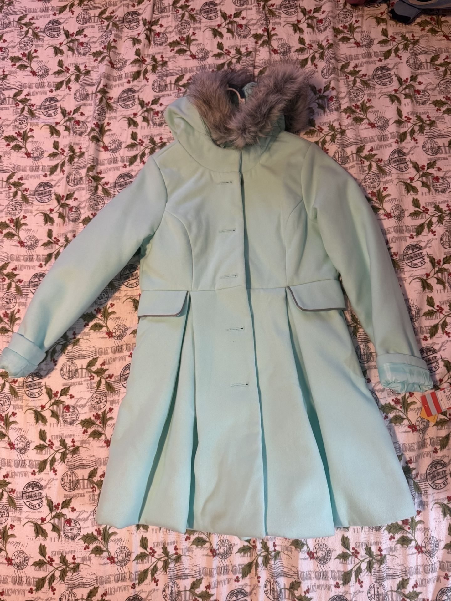 Cat & Jack girls' faux wool hooded coat in mint green with a faux fur trim.