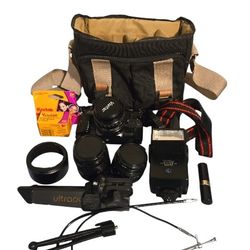 Canon AE-1 Program + Multiple Lenses + Vivitar Flash – Film Camera Lot