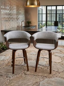 26 “light Gray Faux Leather Swivel Counter Height Stools Set of 2 – Walnut Wood Modern Kitchen Chairs