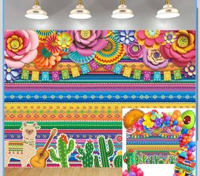 Mexican Fiesta Party Backdrop for Photography Fiesta Party Decorations Cinco De Mayo Theme Paper Flowers Colorful Striped Birthday Party Background Ca