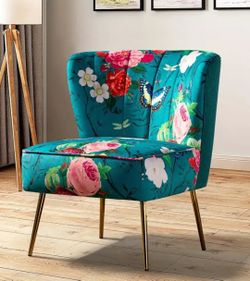 Beautiful Accent Chair with Golden Metal Legs, Comfy Tufted Wingback Living Room Chair Floral Fabric Small Armless Side Chair, Upholstered Slipper Cha