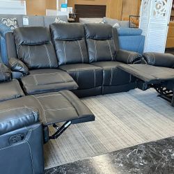 3PC Black Leather Reclining Sofa Set