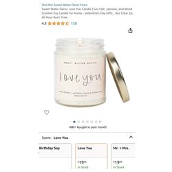 Brand new Sweet Water Decor, Love You Candle | Sea Salt, Jasmine, and Wood Scented Soy Candle for Home - Valentine's Day Gifts - 9oz Clear Jar, 40 Hou