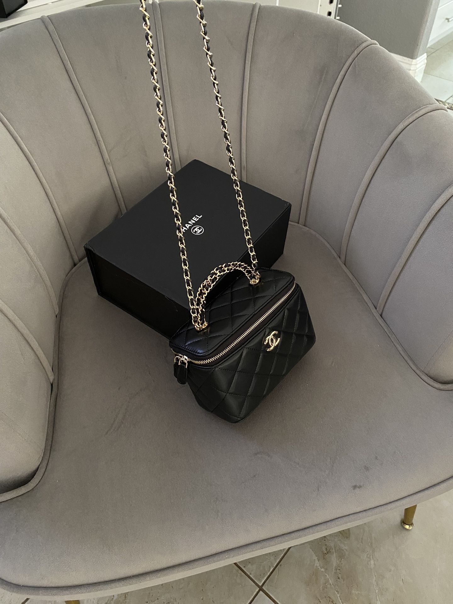 Black Mini Vanity Shoulder Bag With Gold Chain New In Box