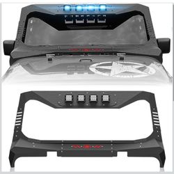 For Wrangler JK Mad Max Windshield Frame Cover Roof Sun Visor Cowl Body Armor Compatible with 2007-2018 Jeep Wrangler JK JKU with 4 LED Lights, Windsc
