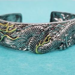 Silver Tone Metal Cuff Bracelet With Dragon Design 