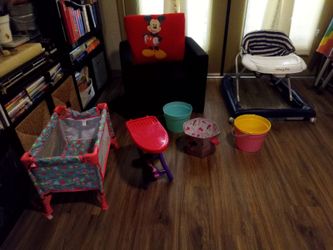 Baby boy walker Nice black with red kids chair, girls lron board and 4 buchets, and