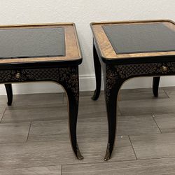 Drexel Heritage ET Cetera Chinoiserie End Table Black & Burl with Ormolu Set Of 2