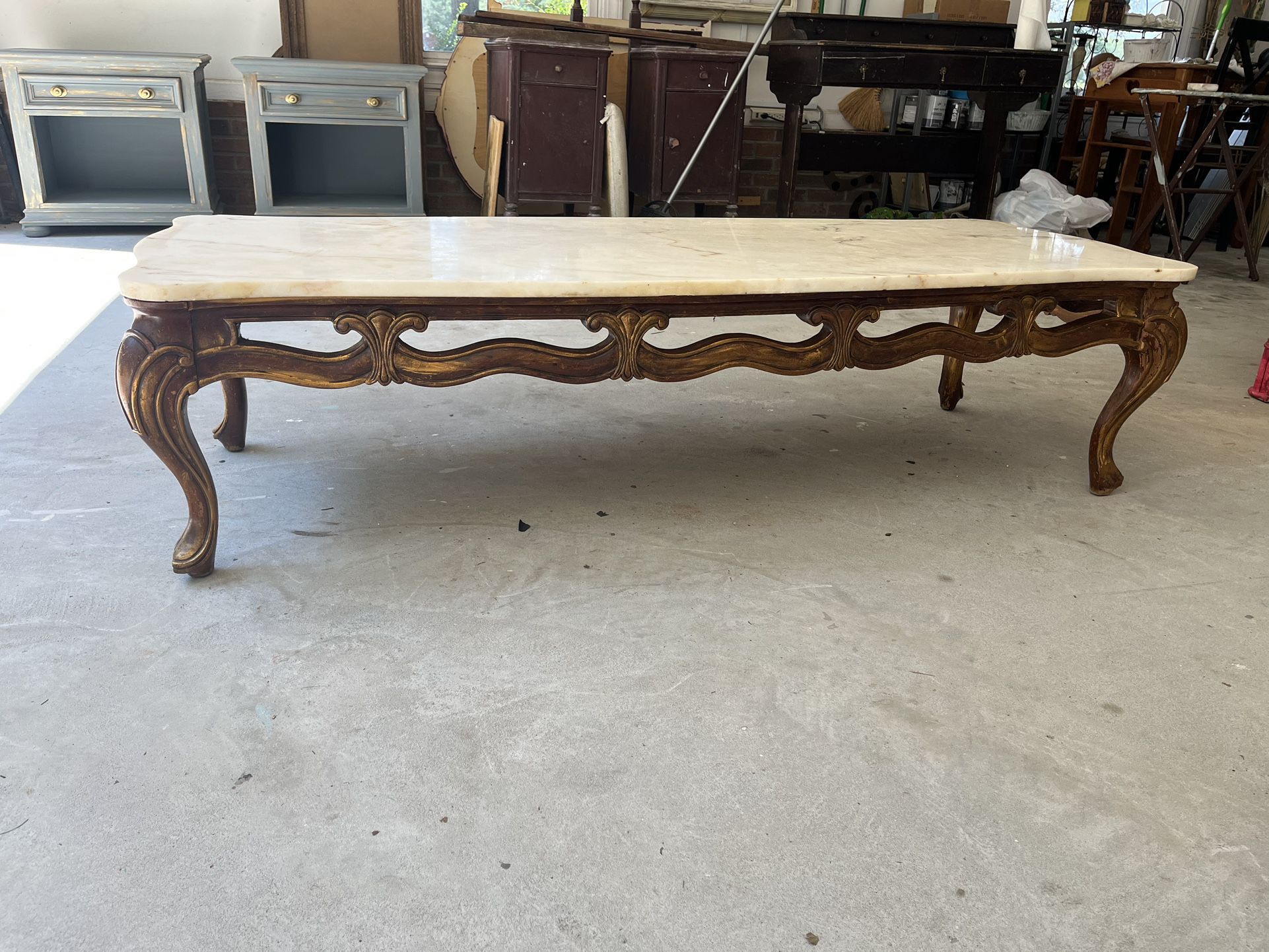 Transformed Ornate Solid Wood Coffee Table With Real Marble Top.