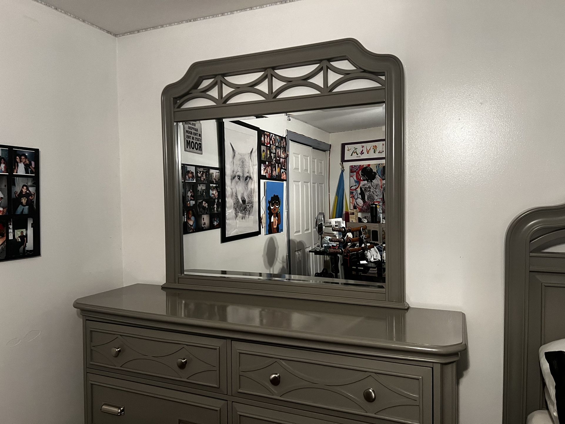 Slightly Used Gray Dresser With Huge Mirror 