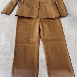 Women’s Brown Leather Two-Piece Suit (Blazer + Pants)