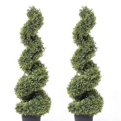 35 Inch Artificial Boxwood Topiary Tree Spiral Plants Fake Faux Plant Decor in Plastic Pot Green Indoor or Outdoor, Set of 2