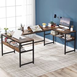 Tribesigns U-Shaped Desk with Bookshelf and Tiltable Drawing Board