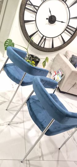 Blue Velvet Dining Chairs with Chrome Legs – Set of 2