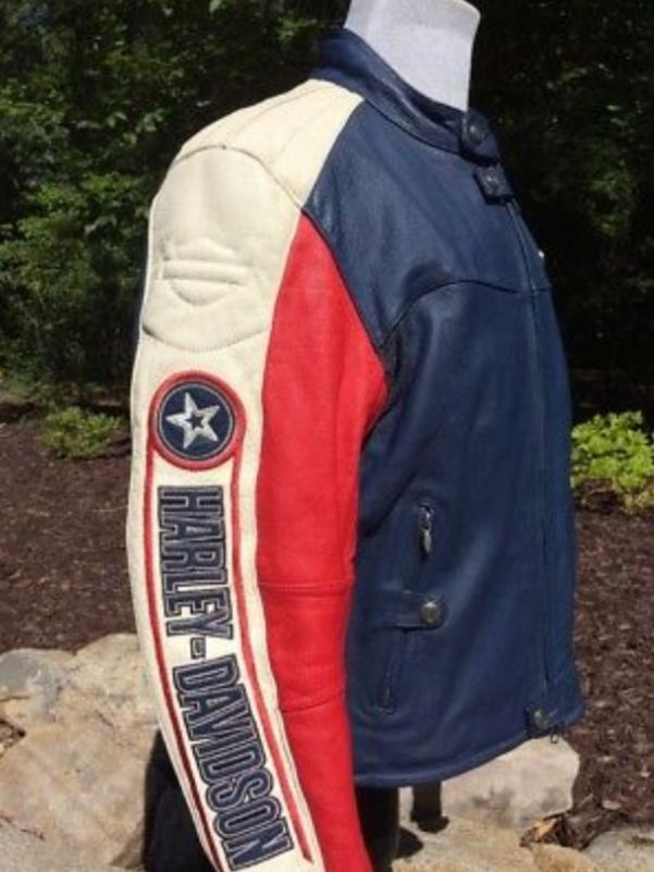 Harley Davidson Men's Rapid City Colorblocked Leather Jacket Red White and Blue
