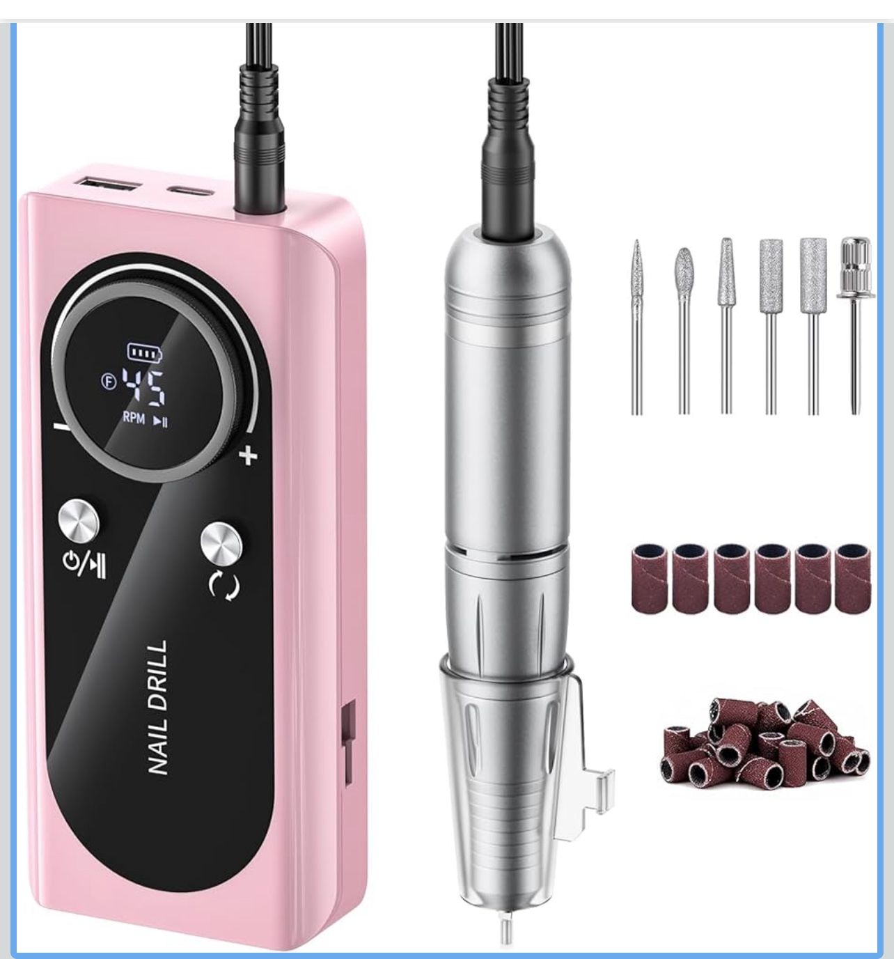 Electric Nail Drill Machine 45,000RPM - Professional Electric and Rechargeable Nail Drill with LCD Display, 6 Bits and 30 Sanding Bands, Low Heat Quie