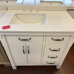 Bellington 36 in. Single Sink White Bath Vanity with White Engineered Stone Top