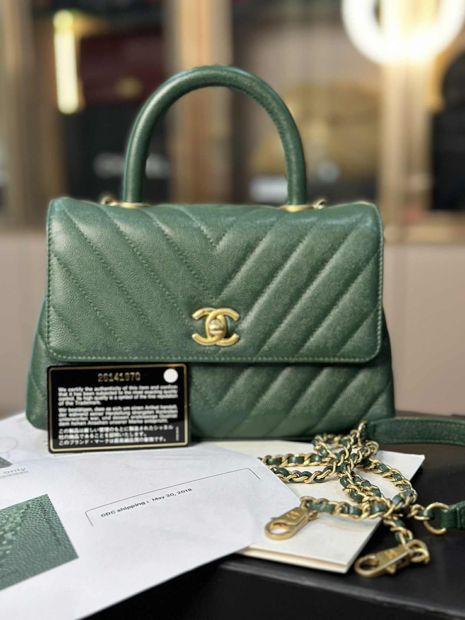 Chanel Green Leather Chevron Coco Handle Bag Size 9.5 full set