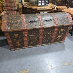 Antique Hand Painted Dome Top Trunk Rustic Chest