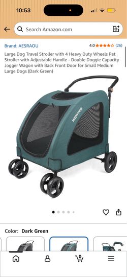Large Foldable Dog Pet Stroller – Dark Green Heavy-duty 4 wheels + adjustable push handle.