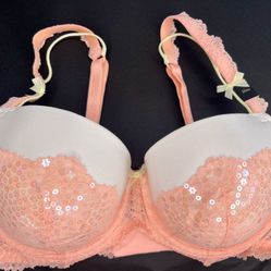 Brazier Victoria Secret 34DD Dream Angels Lined Demi/ Demi-busted Double ( Blancos &Naranja Lentejuelas En Las Copas)