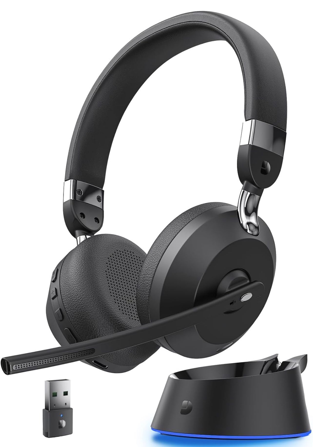 Wireless Headset, Bluetooth Headset with Noise Cancelling Microphone & Charging Base, 2 Ports Hub Wireless Headset with Mic for Work from Home/Office/
