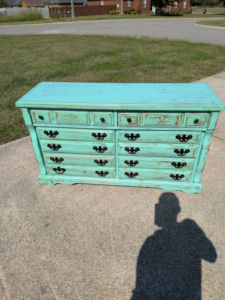 Distressed Turquoise Farmhouse Dresser / Buffet – 9 Drawer Vintage Charm