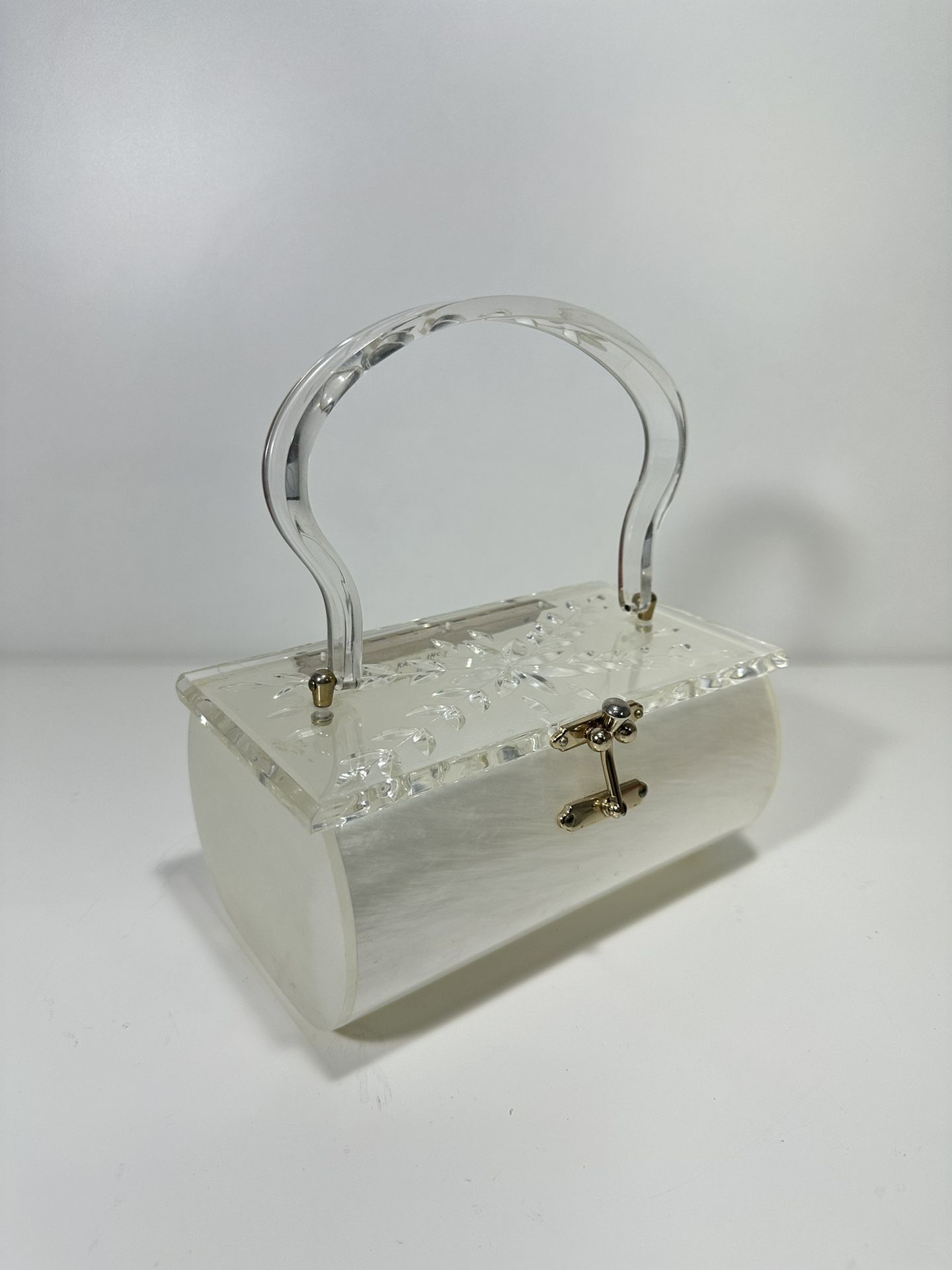 Vintage 1950's Charles S. Kahn Miami Florida ~ White Lucite Purse / Jewelry Box