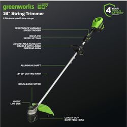 Greenworks 60V 16” Brushless Cordless String Trimmer, 2.5Ah Battery and Rapid Charger Included for $100