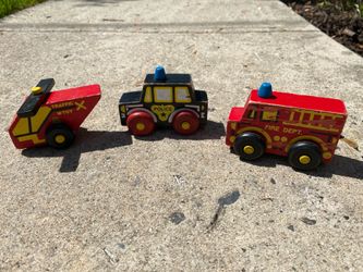 Vintage Wooden Toy Police Car Fire Truck and Helicopter Montgomery Schoolhouse
