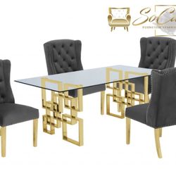 Modern Dinning Set With Glass Table Top Amd Stainless Steel Legs 