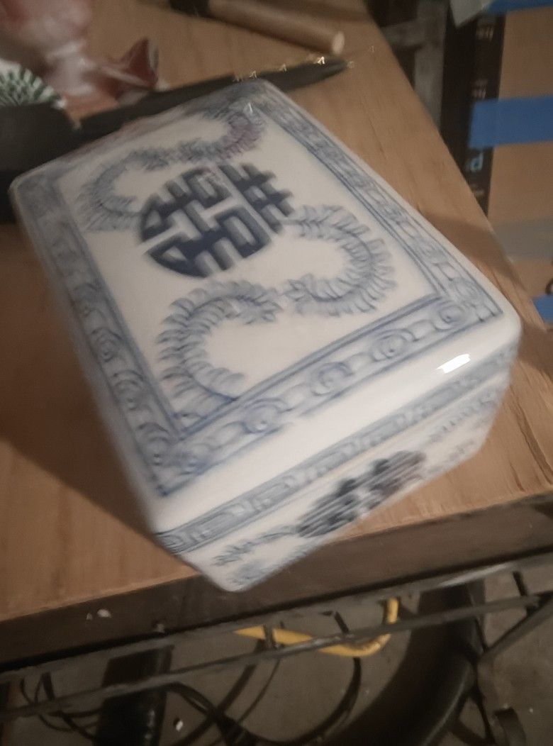 Vintage Chinese Porcelain single Happiness Trinket Box | Blue & White | 7.5"