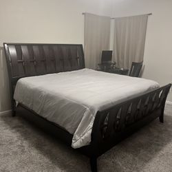 King Sized Bed Frame, Dark Wood, Used 