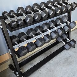 5-50lbs Rubber Hex Dumbells | Heavy-Duty Dumbell Rack Included | Gym Equipment | Fitness | Squat Rack | FREE DELIVERY 🚚 