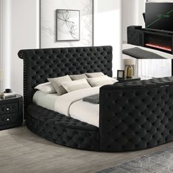 Brand new QUEEN SIZE round glam tufted storage bed with raising tv stand and fireplace electric with matching nightstand
