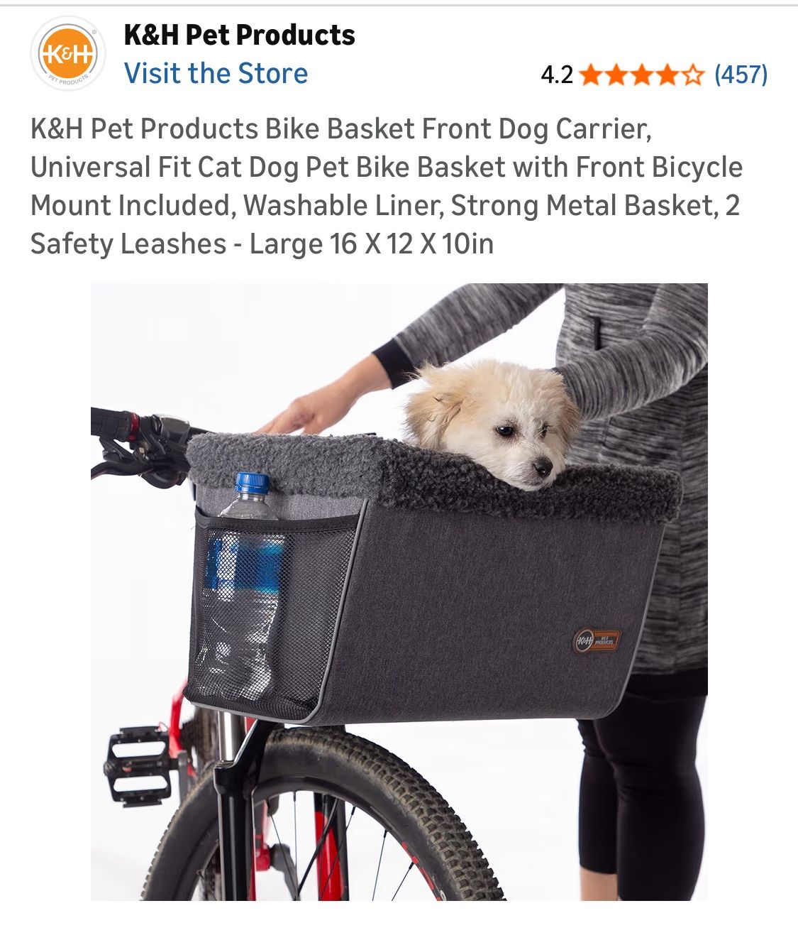 K&H Pet Products Bike Basket Front Dog Carrier, Universal Fit Cat Dog Pet Bike Basket with Front Bicycle Mount Included, Washable Liner, Strong Metal