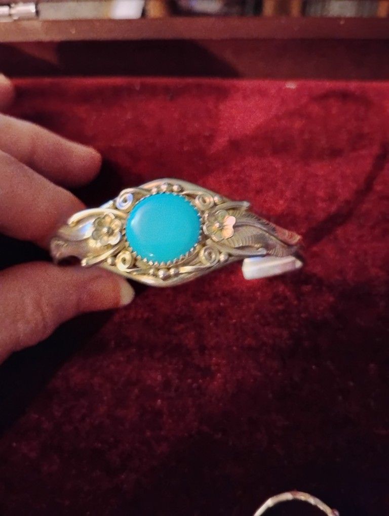 Native American Open Scroll Sterling Silver Cuff Bracelet with Round Turquoise