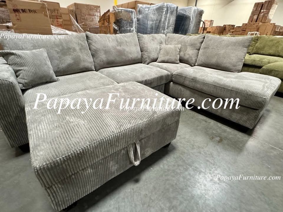 NEW Light Grey Fabric Sectional Sofa and Chaise Set STORAGE Ottoman Ashley Style Furniture Warehouse Discount BIG SALE Clearance Closeout Modern Chic