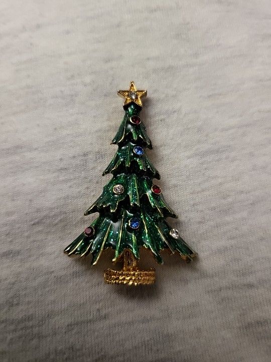 Vintage Eisenberg Ice Gold Tone Enamel Christmas Tree Pin Brooch Rhinestones