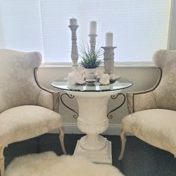 Stunning Pair of Custom Upholstered Wood Chairs and GLASS TOP URN TABLE