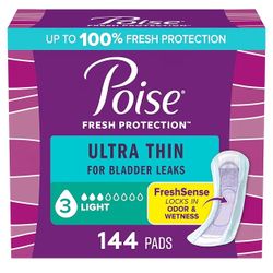Poise Ultra Thin Incontinence & Postpartum Pads For Bladder Leaks, 3 Drop Light 144ct