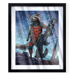 Custom art piece of rocket raccoon from guardians of the galaxy on black frame