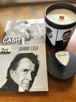 Johnny Cash candle. Sun records 3 cd set. Best of Johnny Cash cd