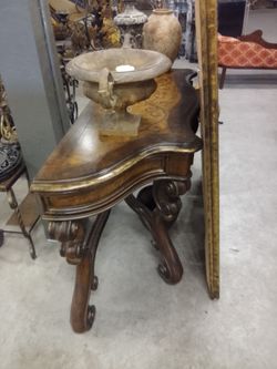 Ornate Wood Console Table with Inlay Top
