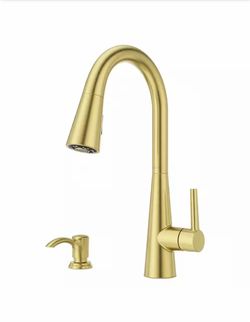 Pfister Barulli Single Handle Pull Down Sprayer Kitchen Faucet with Deckplate Included and Soap Dispenser in Brushed Gold