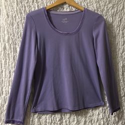 J. Jill: Velvet Trim U - Neck Tee, Long Sleeves, Cotton, Size: Small
