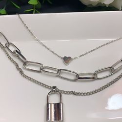 Heart Necklace Triple Layer Lover Lock Pendant, Silver Color