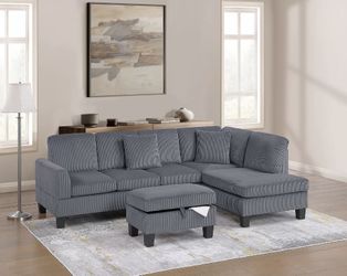 3-Piece Sectional Set W/ Ottoman RAF Chaise + LAF Sofa + Storage Ottoman  - Dark Gray