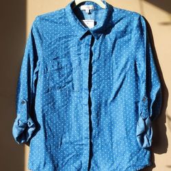 NWT In Style Women's Long Sleeve Blue Polka Dot Top Shirt Blouse  Botton Down  Size L Large 